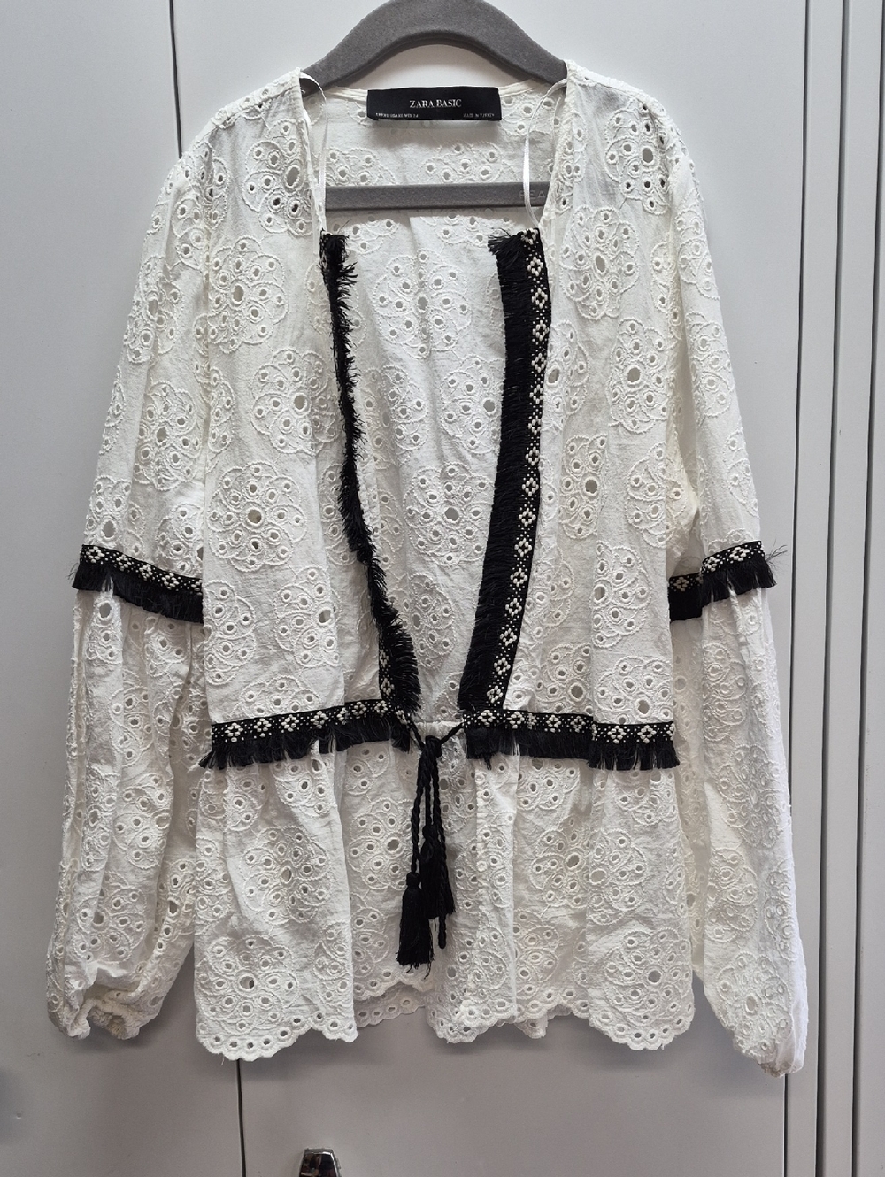 Zara white eyelet lace blouse with black trim
